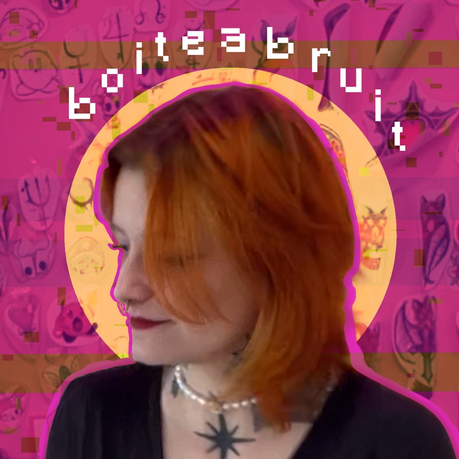 Portrait de Boîte à Bruit, halo jaune, fond glitch